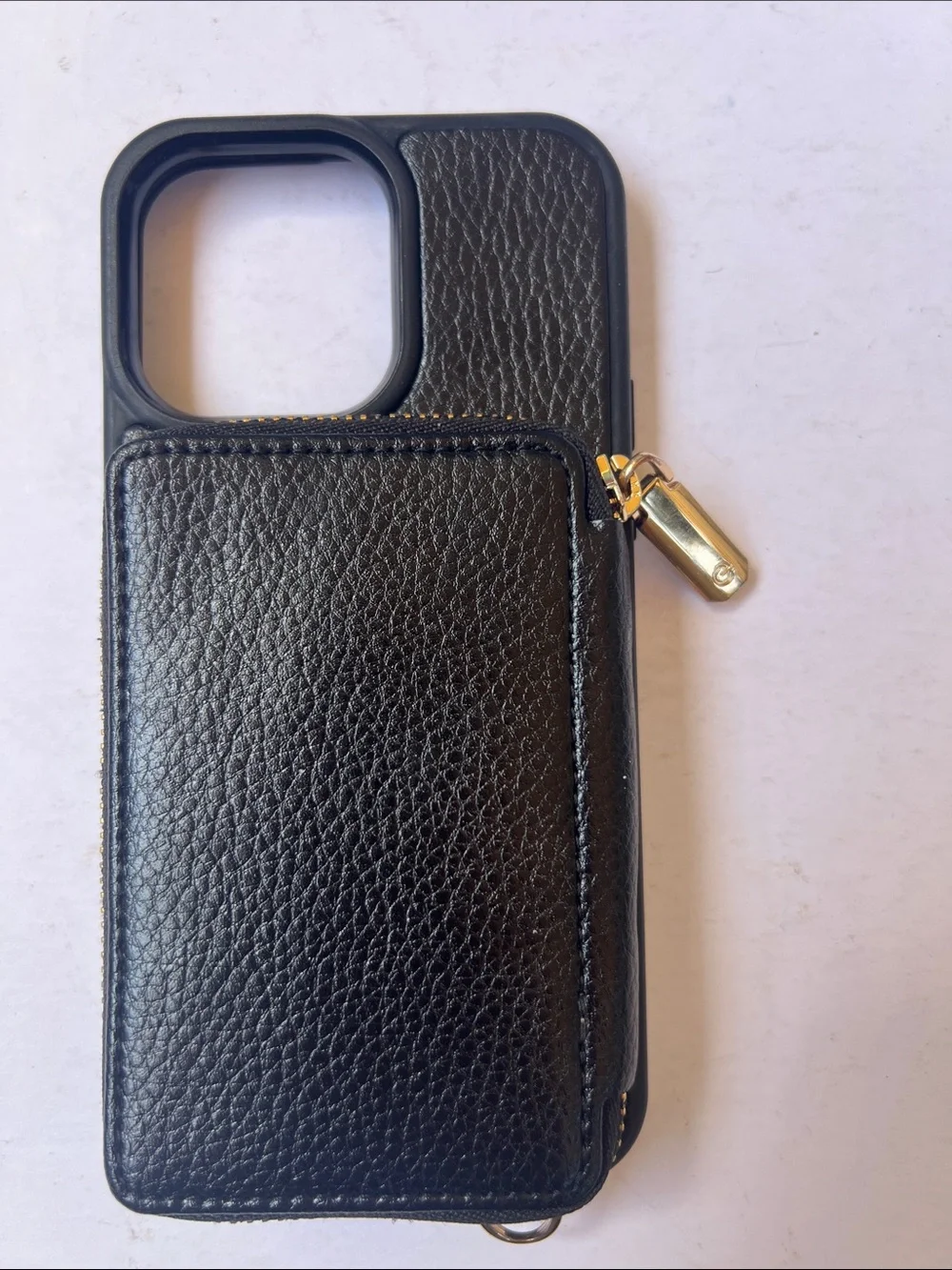 Black Leather Zipper Wallet Phone Case with Gold Accent